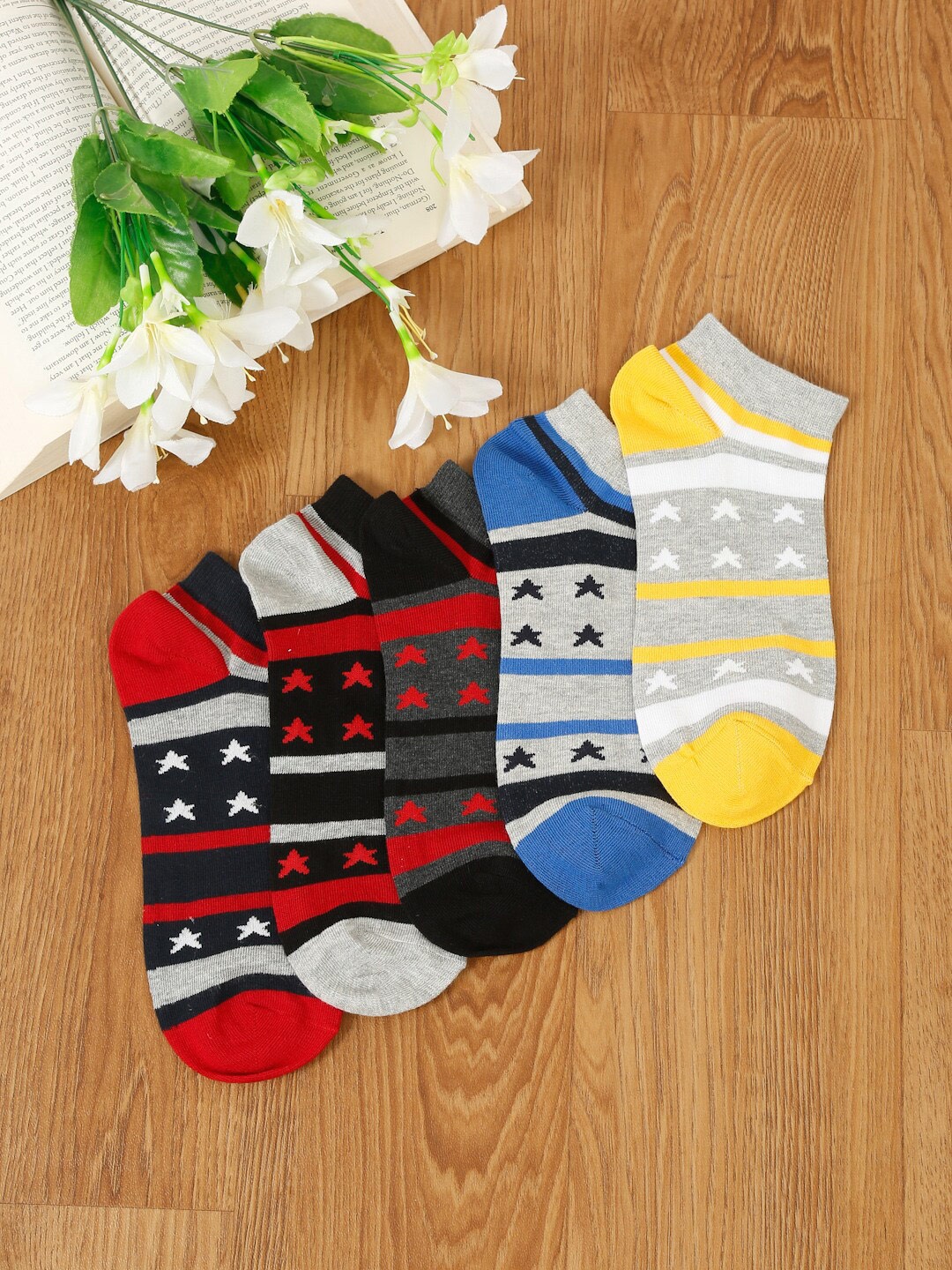 

MUTAQINOTI Men Pack Of 5 Patterned Ankle-Length Cotton Socks, Red