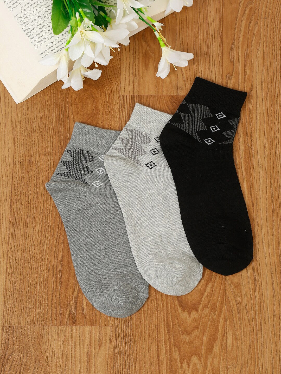

MUTAQINOTI Men Pack Of 3 Patterned Ankle-Length Socks, Grey