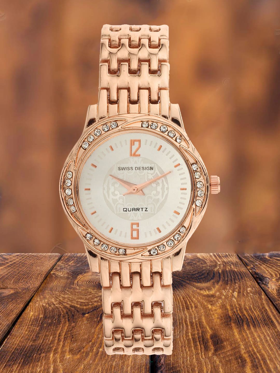 

Swiss Design Women Embellished Bracelet Style Straps Analogue Watch, Rose