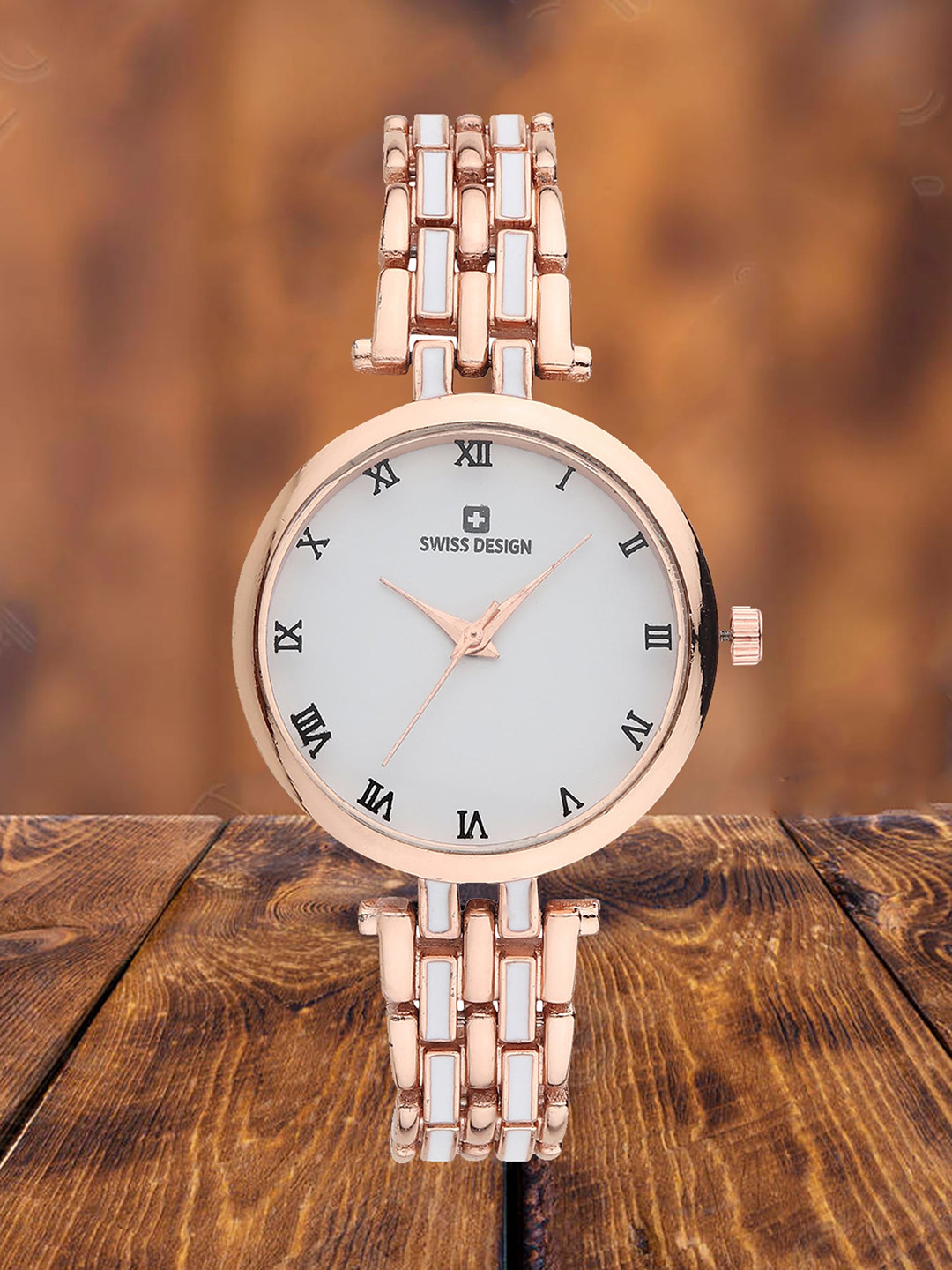 

Swiss Design Women Textured Bracelet Style Straps Analogue Watch, Rose gold