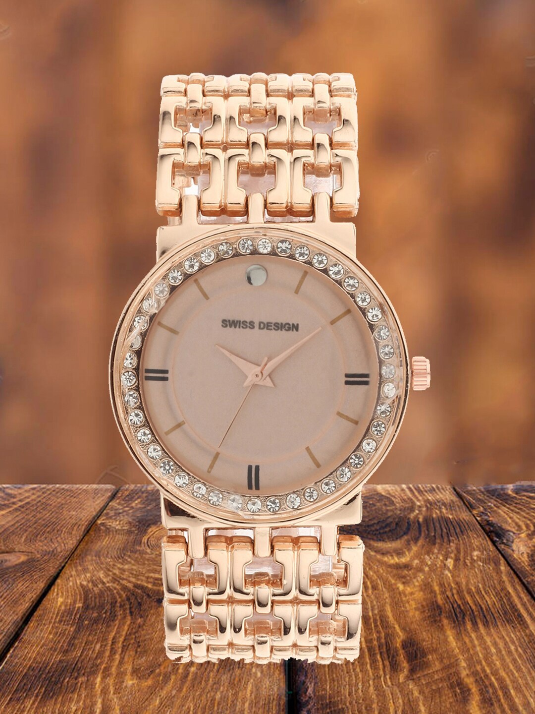 

Swiss Design Women Embellished Bracelet Style Straps Analogue Watch, Rose gold