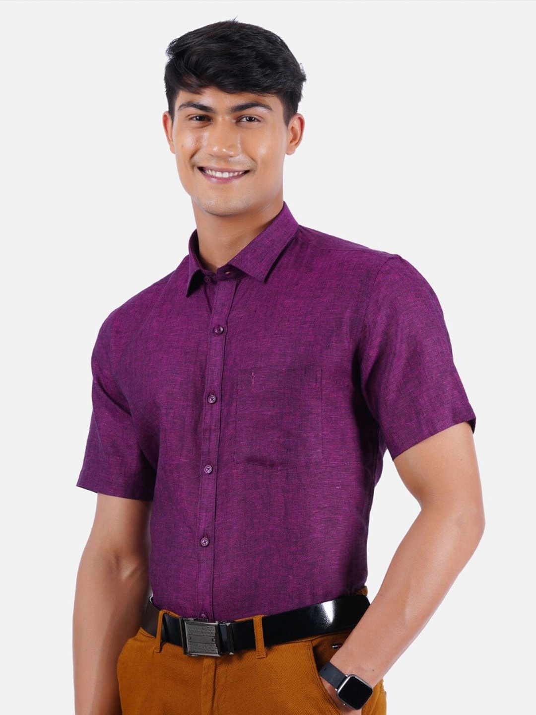 

Ramraj Spread Collar Linen Formal Shirt, Purple