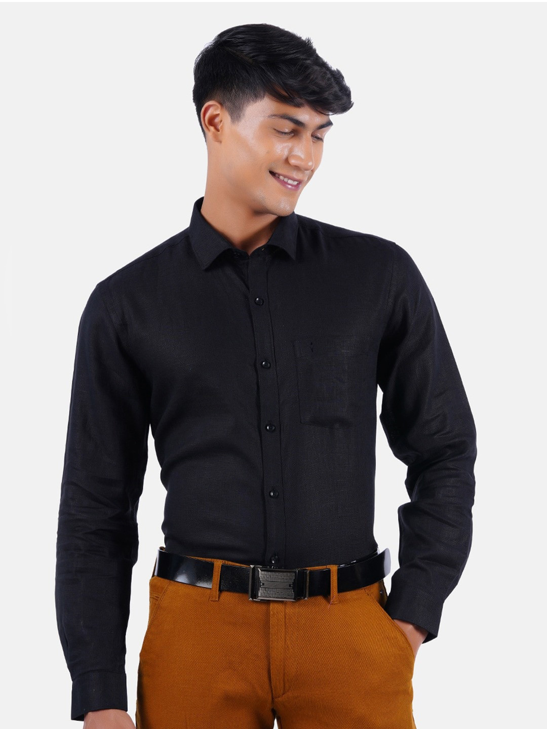 

Ramraj Spread Collar Linen Formal Shirt, Black