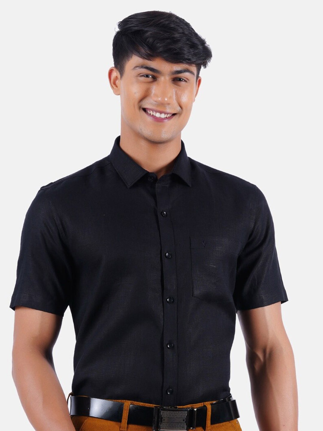

Ramraj Spread Collar Linen Formal Shirt, Black