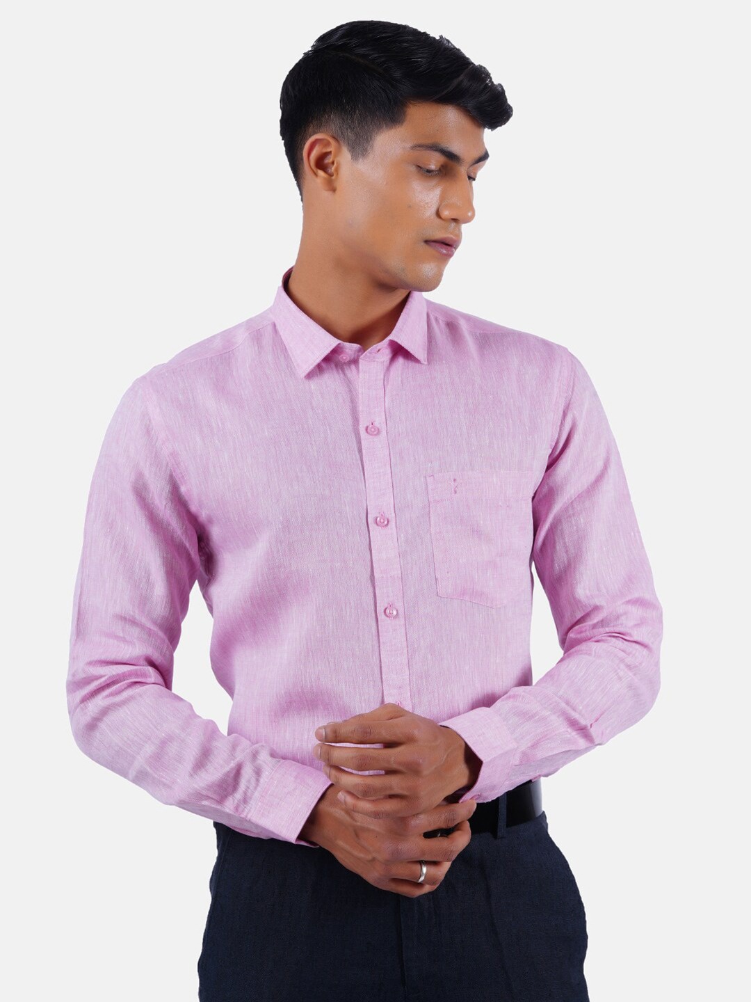 

Ramraj Spread Collar Linen Formal Shirt, Pink