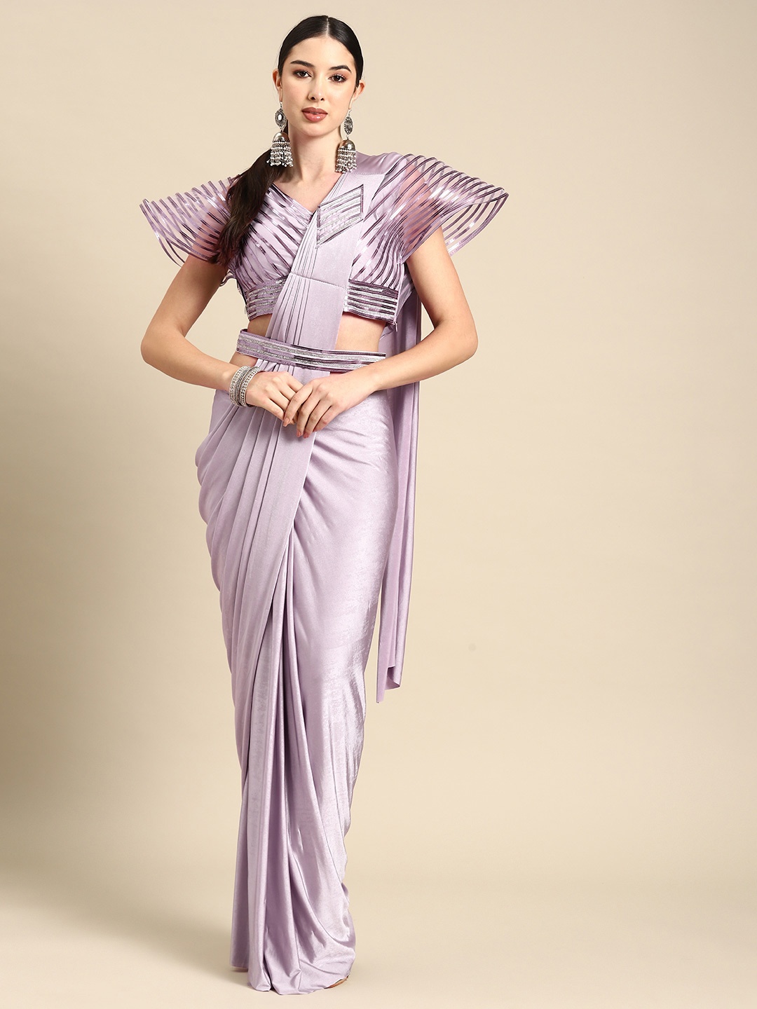 

Grancy Embroidered Ready To Wear Saree With Belt, Lavender