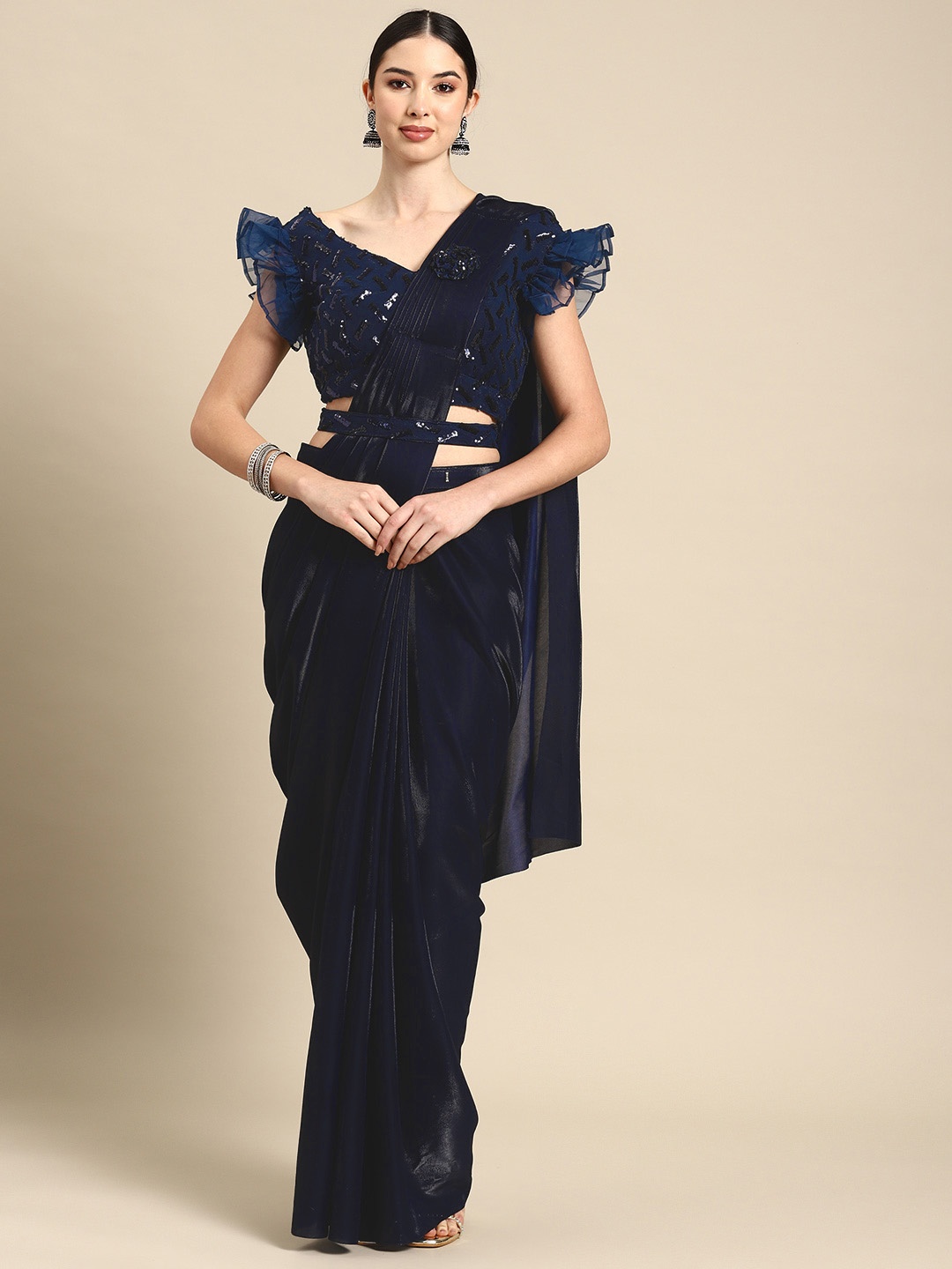 

Grancy Embroidered Ready To Wear Saree With Belt, Navy blue