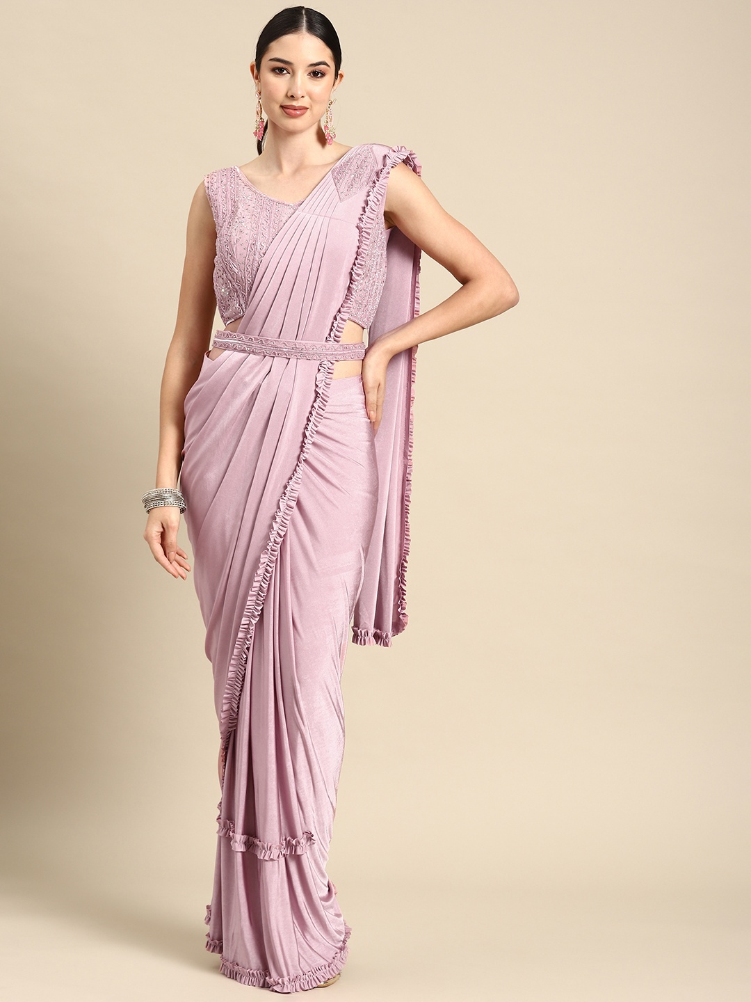 

Grancy Embroidered Ready To Wear Saree With Belt, Pink