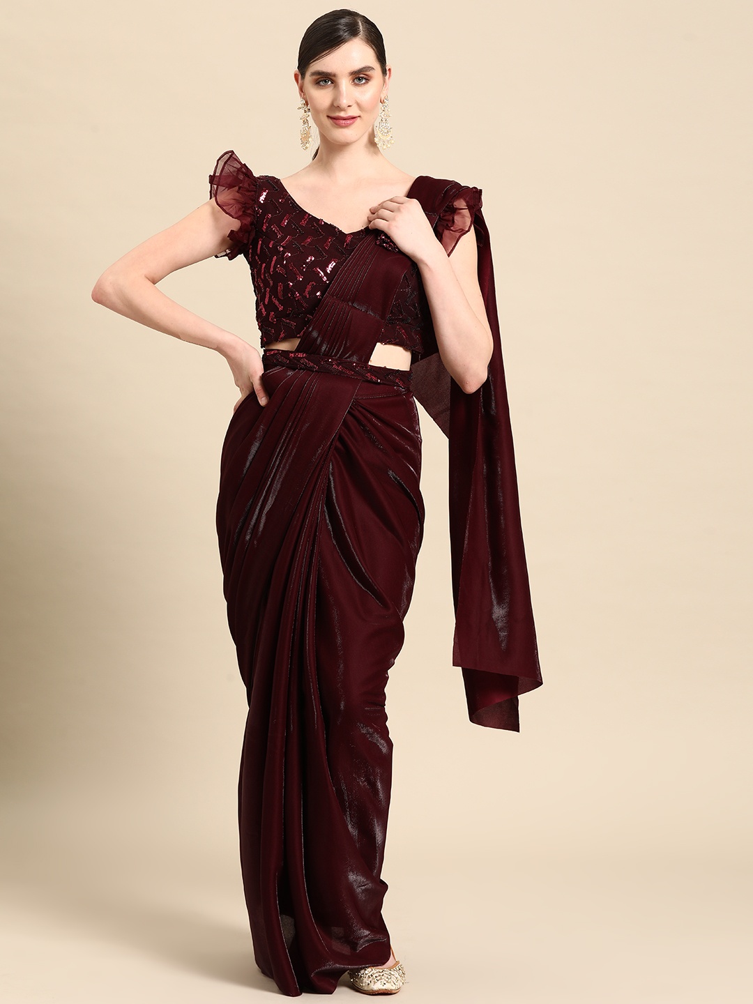 

Grancy Embroidered Ready To Wear Saree With Belt, Burgundy