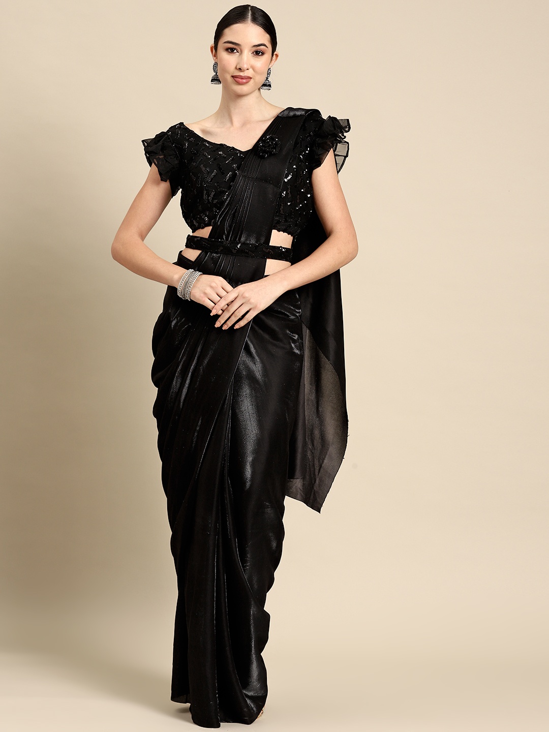 

Grancy Black Embroidered Ready to Wear Leheriya Saree