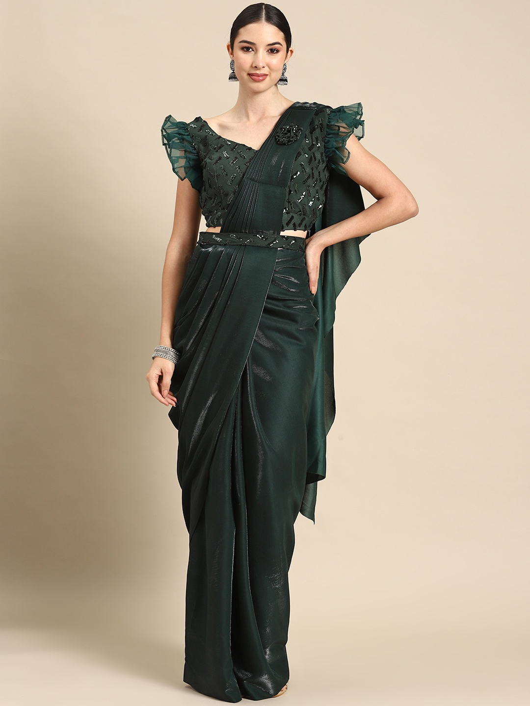 

Grancy Green Embellished Embroidered Ready to Wear Leheriya Saree