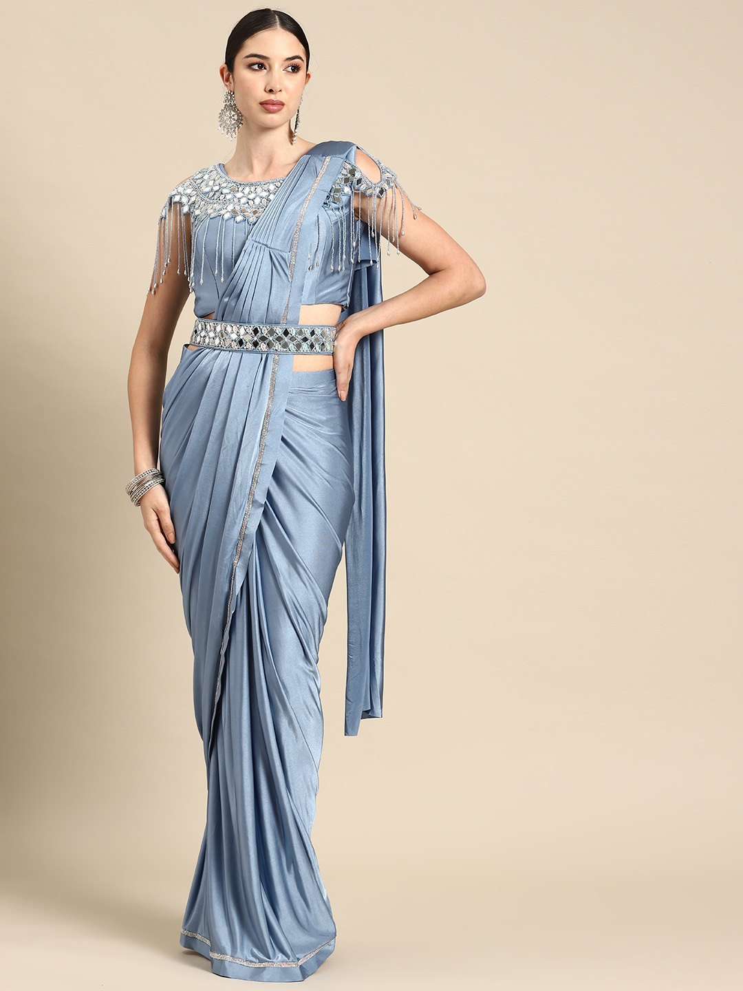 

Grancy Blue Embroidered Ready to Wear Leheriya Saree