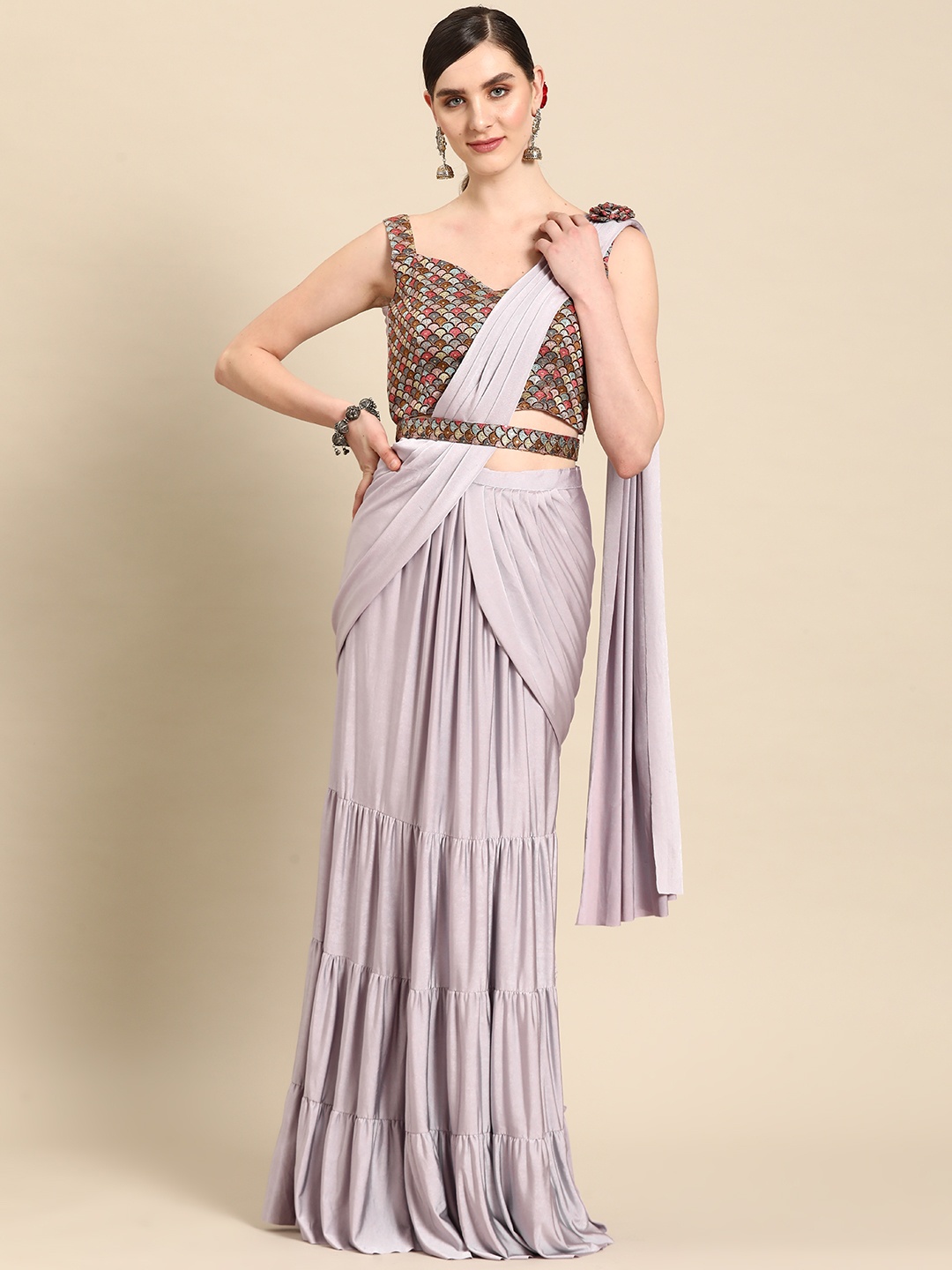 

Grancy Embroidered Ready To Wear Saree With Belt, Mauve