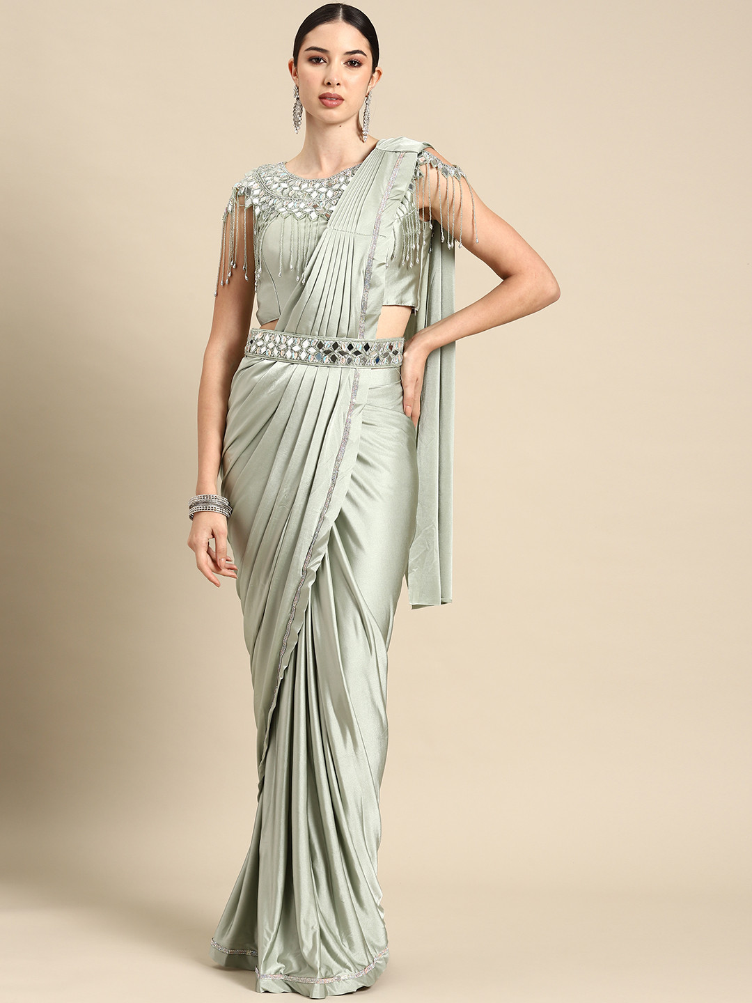 

Grancy Green Embroidered Ready to Wear Leheriya Saree