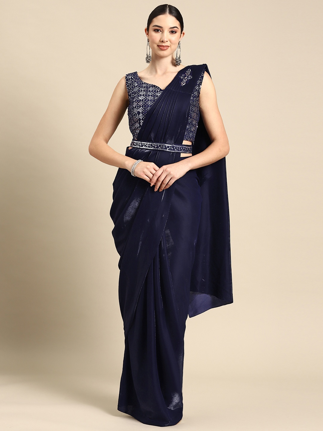 

Grancy Embroidered Ready To Wear Saree With Belt, Navy blue