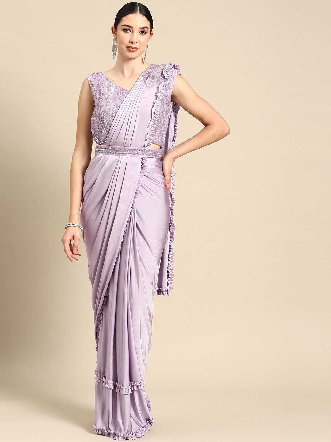 

Grancy Embroidered Ready To Wear Saree With Belt, Mauve