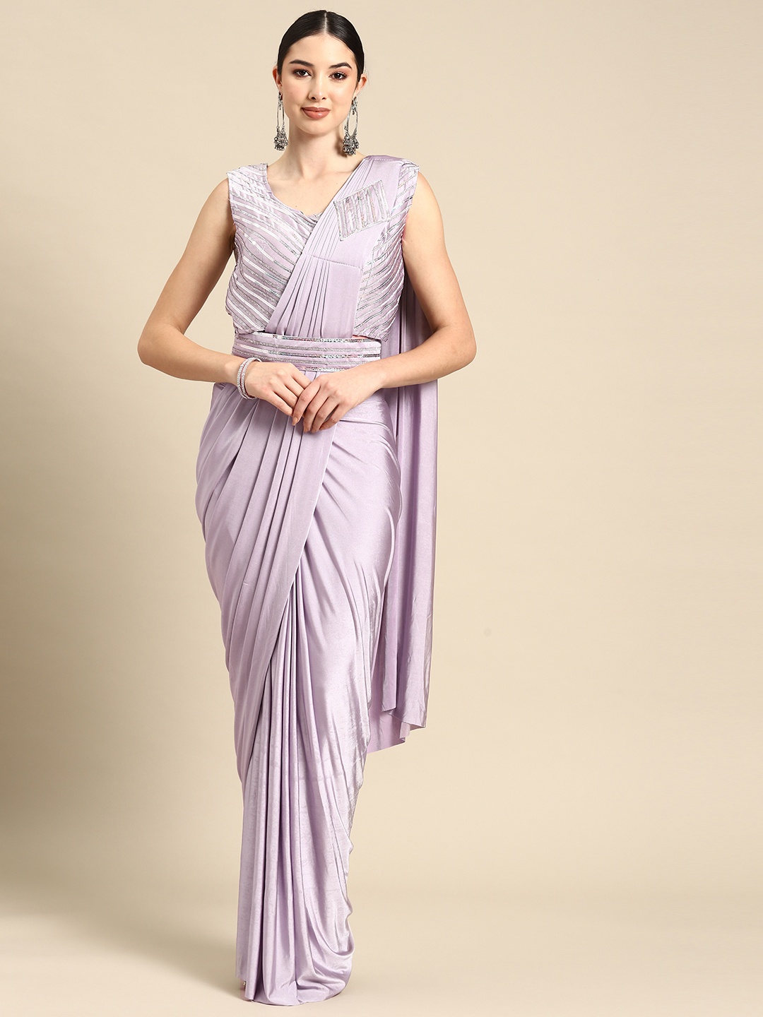 

Grancy Embroidered Ready To Wear Saree With Belt, Mauve