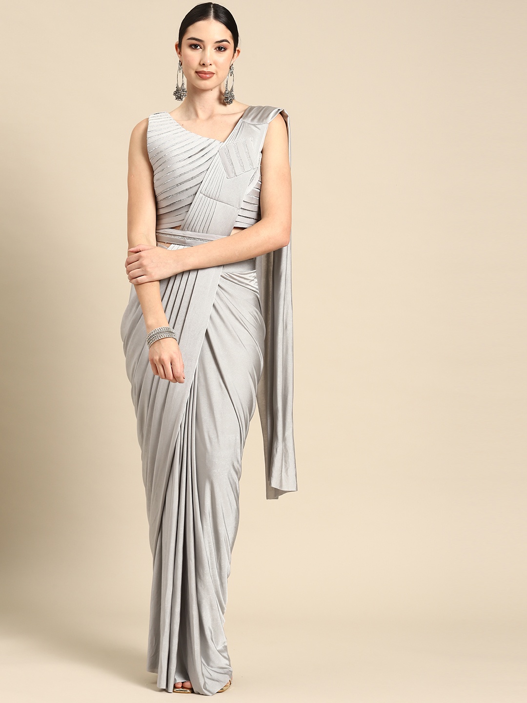 

Grancy Embroidered Ready To Wear Saree With Belt, Grey