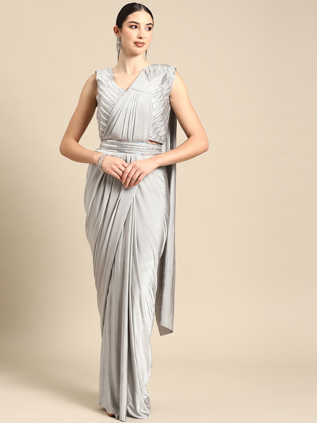 

Grancy Embroidered Ready To Wear Saree With Belt, Grey