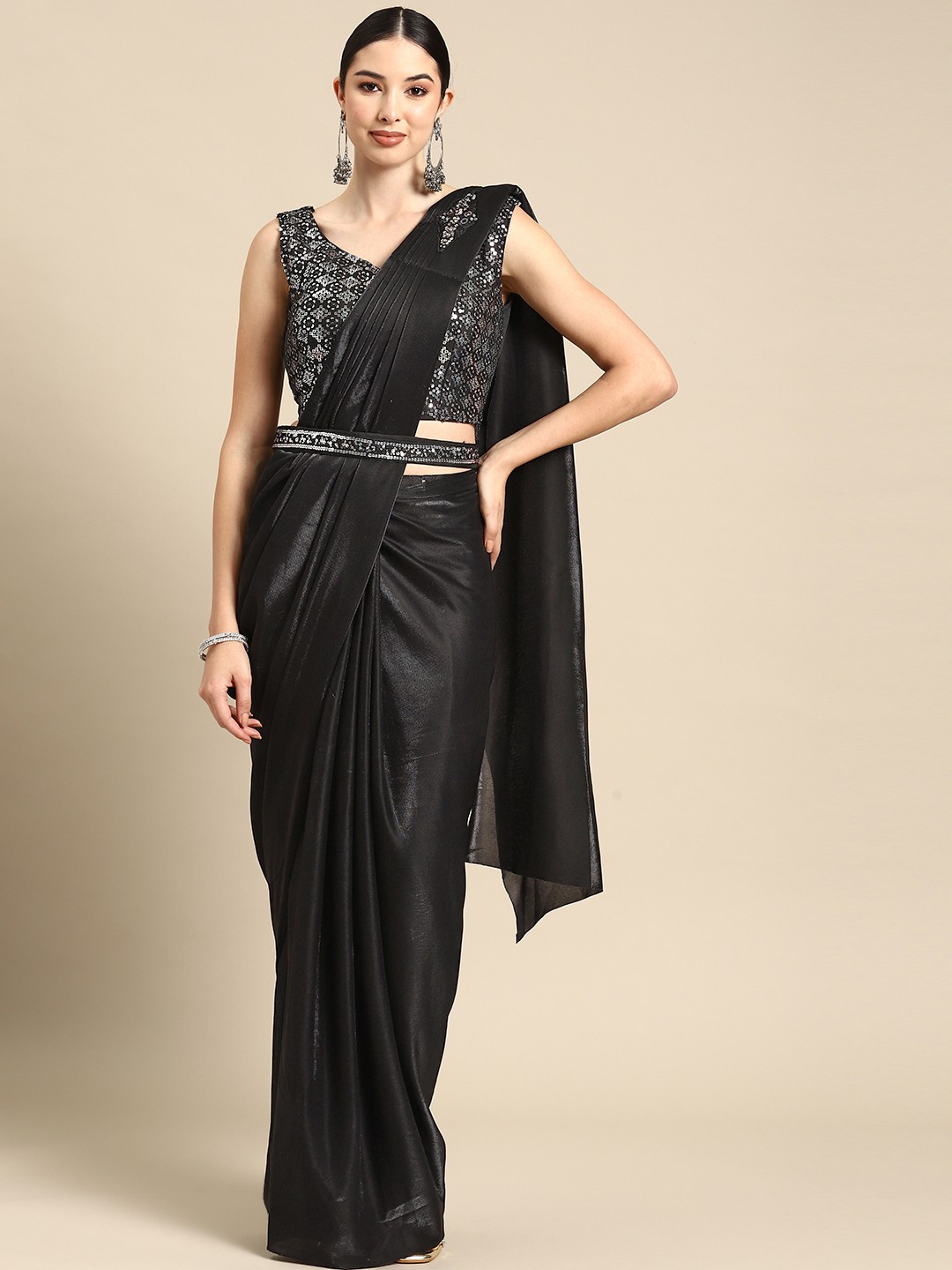 

Grancy Embroidered Ready To Wear Saree With Belt, Black