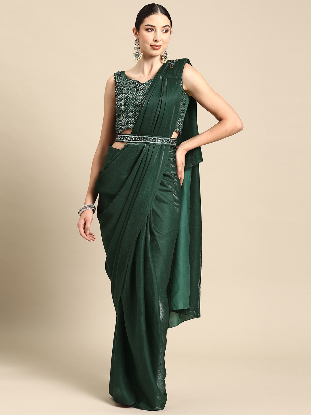 

Grancy Embroidered Ready To Wear Saree With Belt, Green