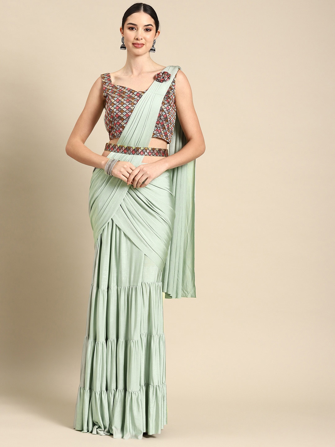 

Grancy Embroidered Ready To Wear Saree With Belt, Green