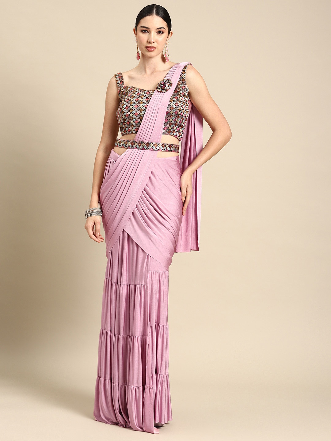 

Grancy Embroidered Ready To Wear Saree With Belt, Pink