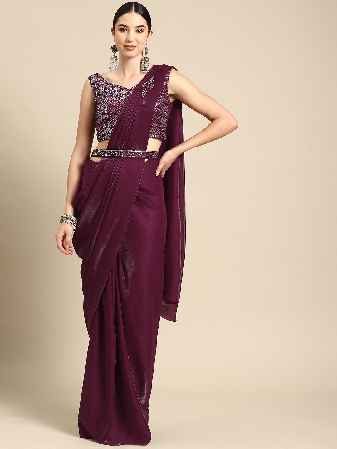 

Grancy Embroidered Ready To Wear Saree With Belt, Burgundy