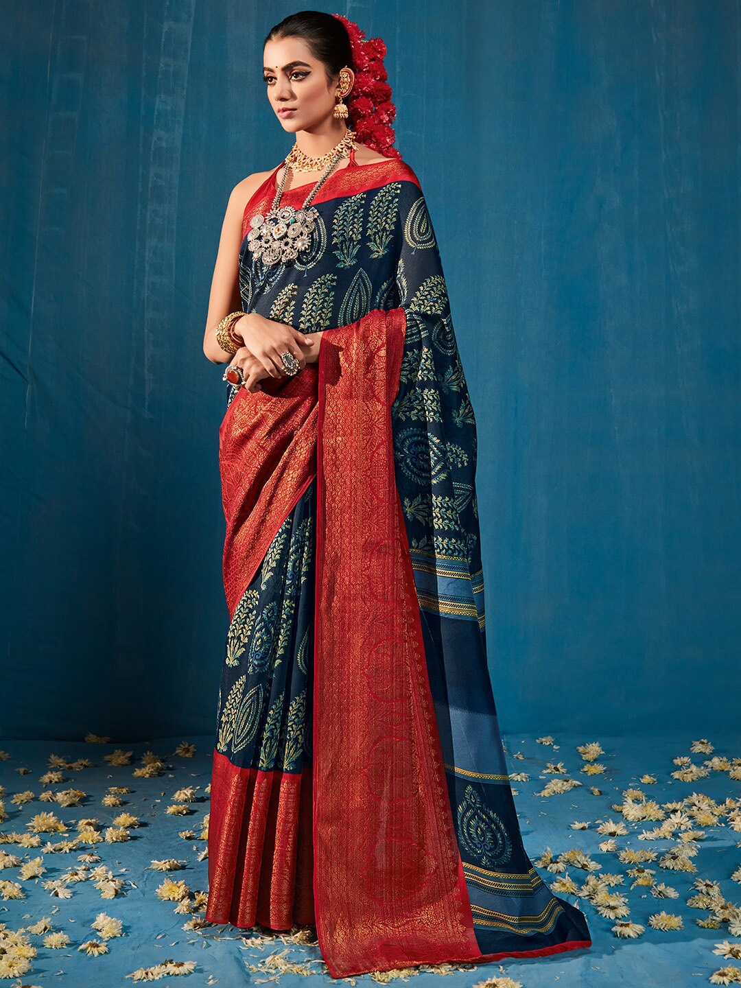 

Saree mall Ethnic Motif Printed Zari Sungudi Sarees, Navy blue