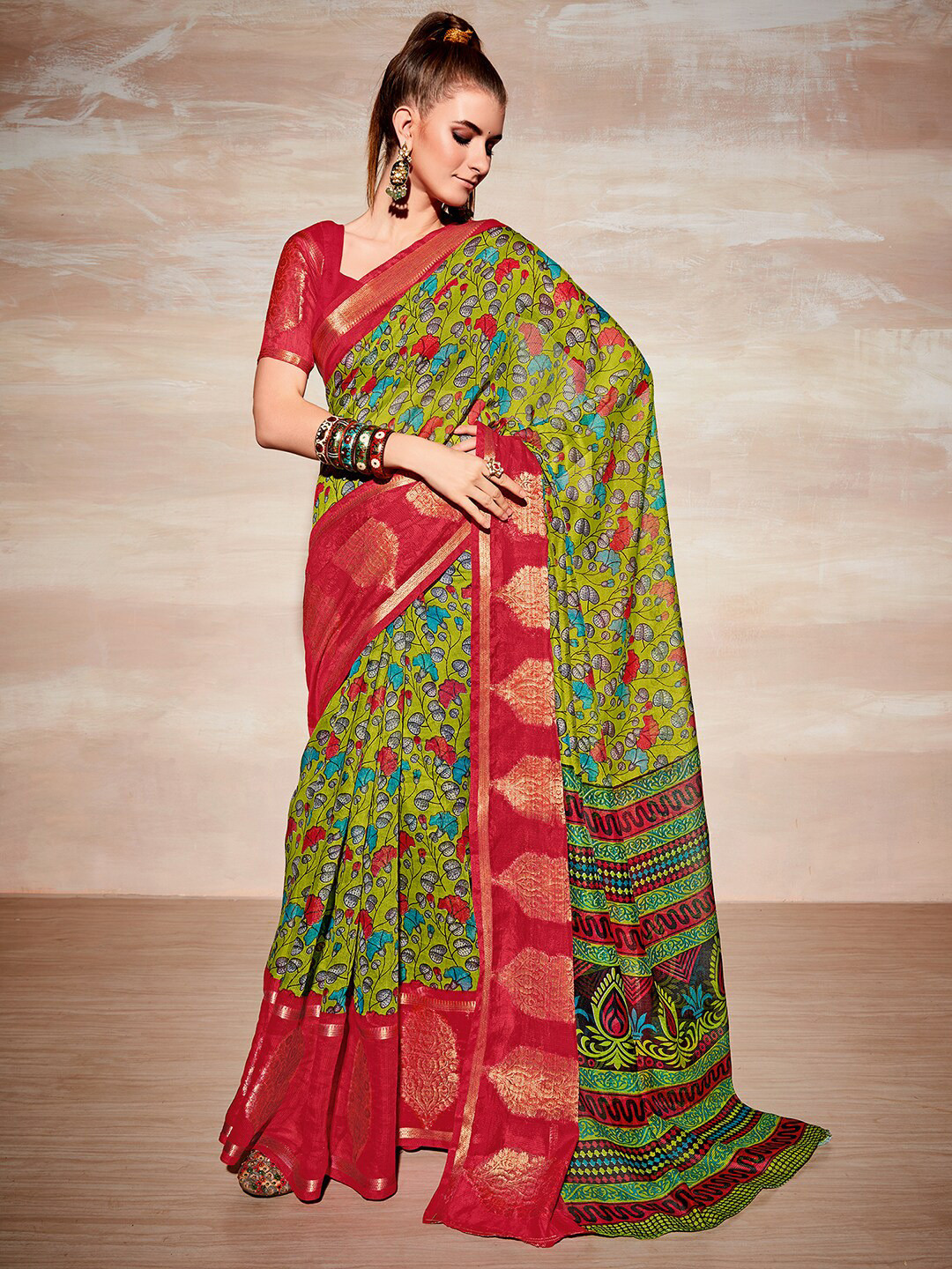 

Saree mall Ethnic Motifs Printed Zari Sungudi Sarees, Green