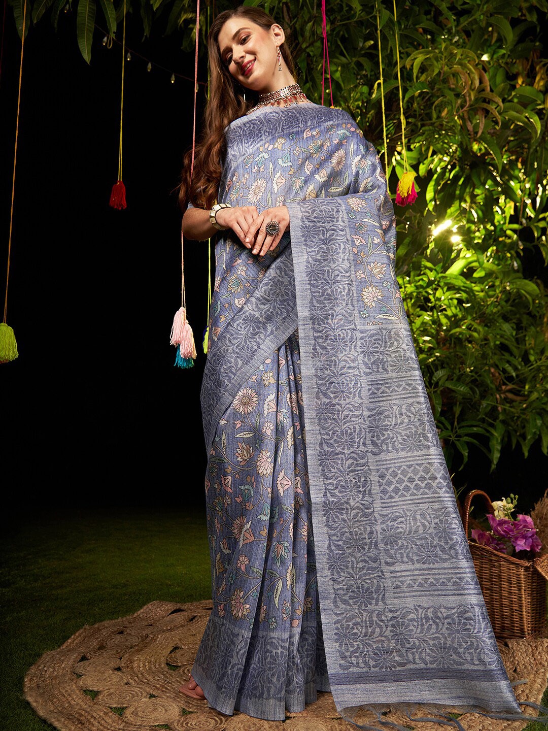 

Saree mall Floral Silk Blend Dabu Sarees, Blue