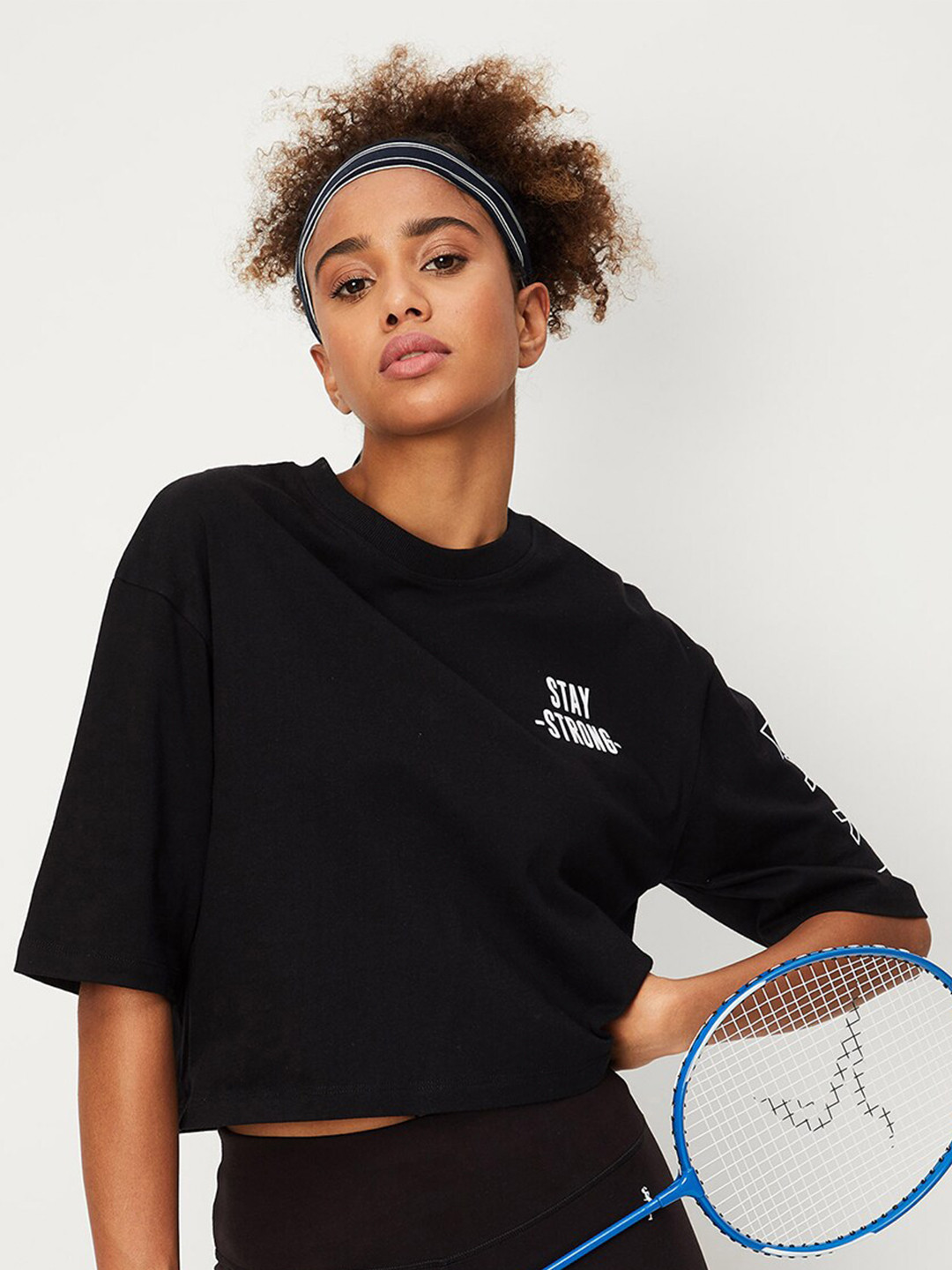 

max Drop-Shoulder Sleeves Pure Cotton Crop T-shirt, Black