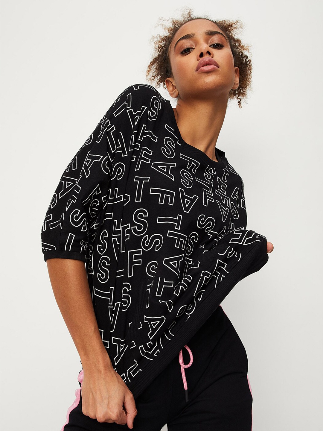 

max Typography Printed Drop-Shoulder Sleeves Pure Cotton T-Shirt, Black