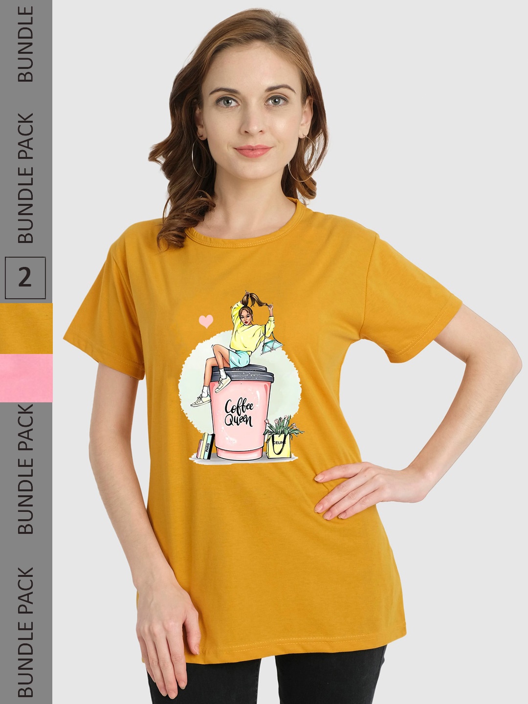 

CHOZI Pack Of 2 Graphic Printed Cotton T-shirt, Pink