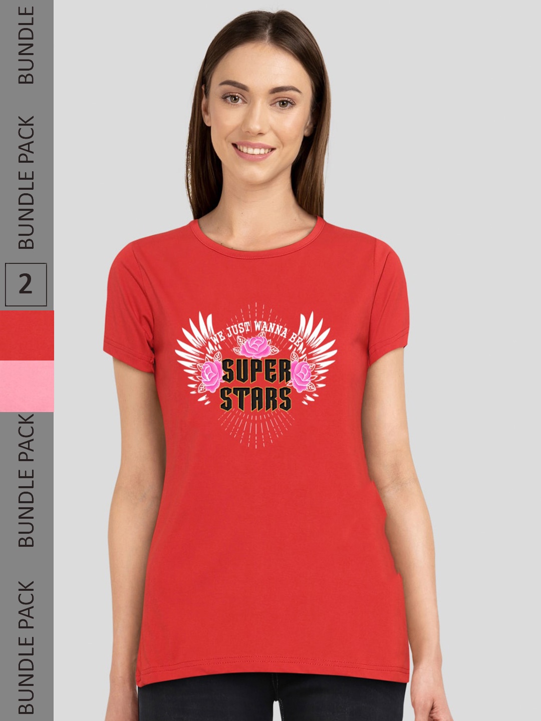 

CHOZI Pack Of 2 Printed Cotton T-shirt, Pink
