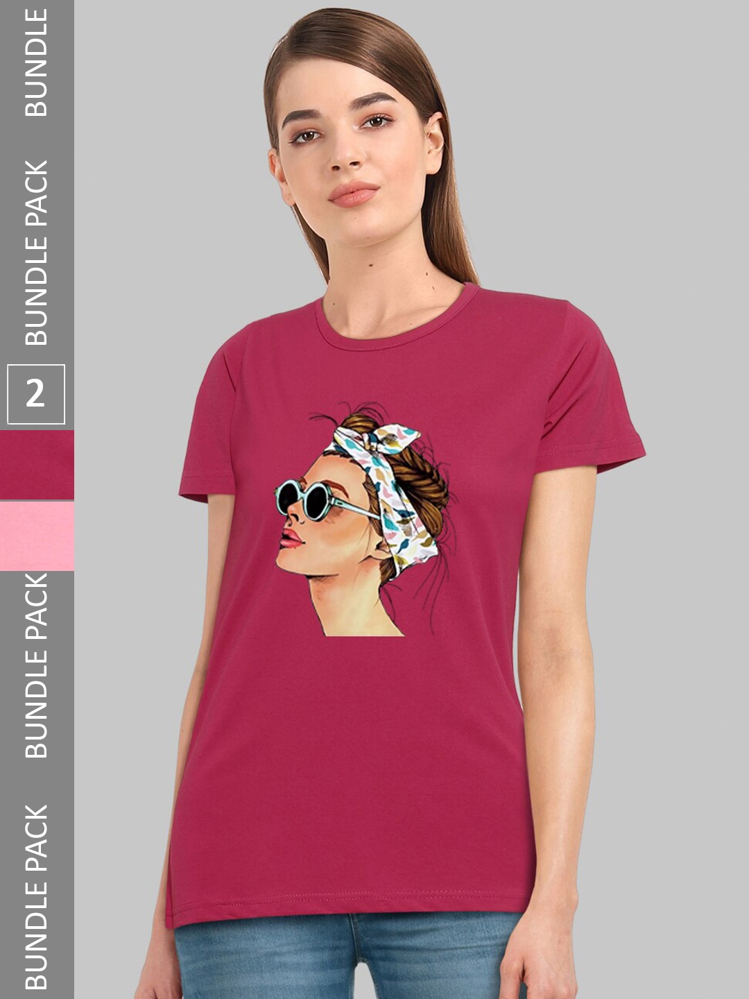 

CHOZI Pack Of 2 Graphic Printed Cotton T-shirt, Pink