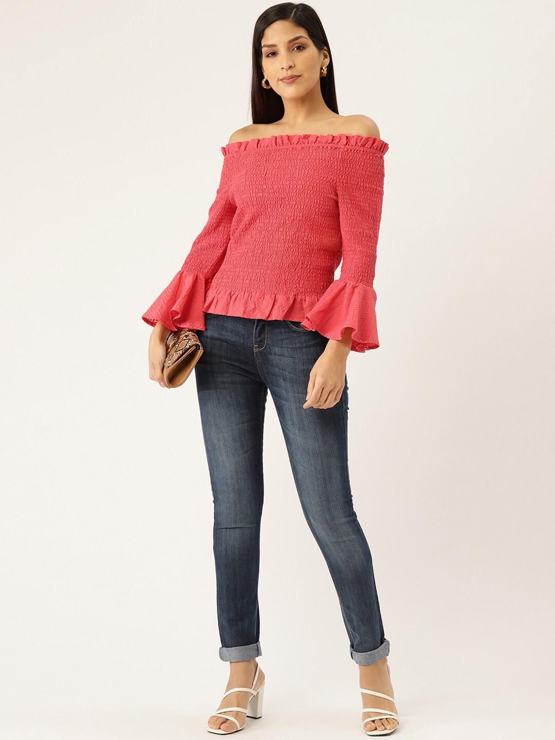 

DressBerry Self Design Bell Sleeves Smocked Top, Coral