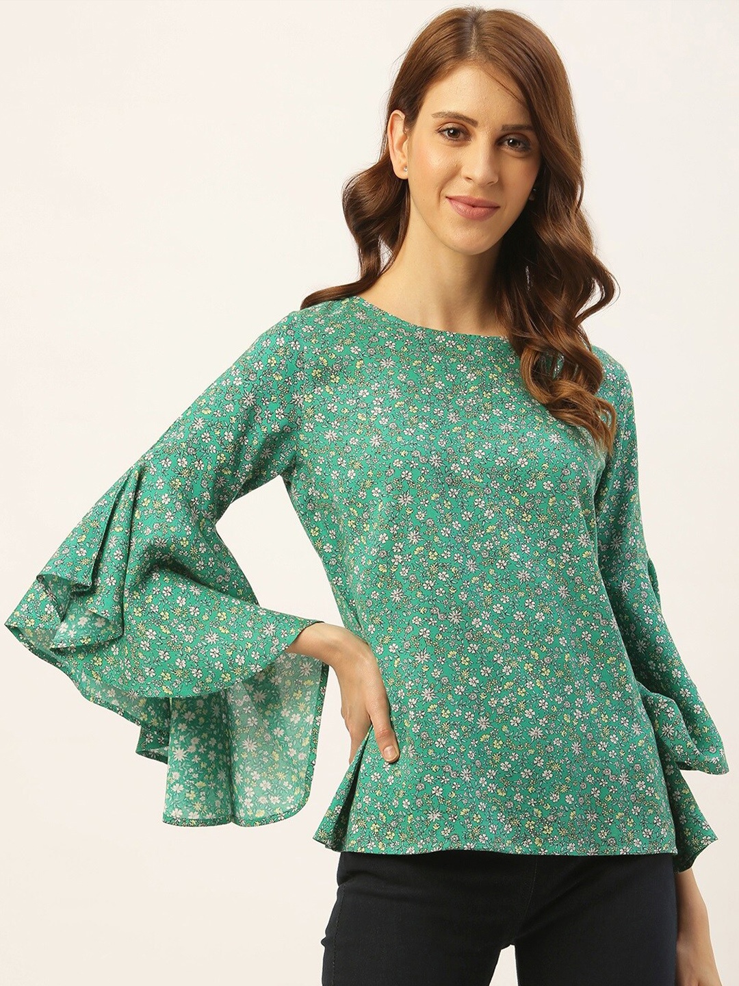 

DressBerry Flared Sleeves Floral Printed Top, Green