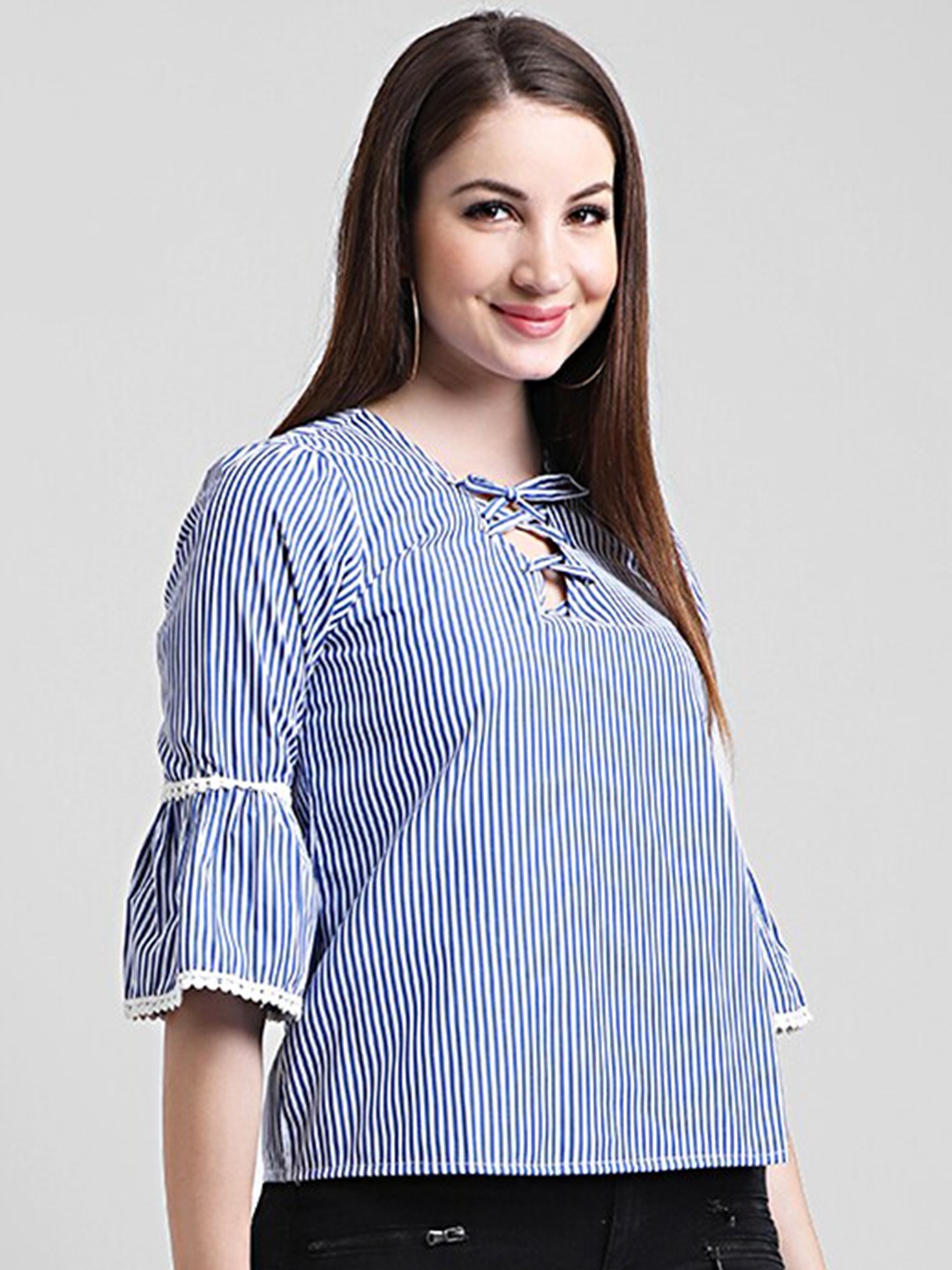 

DressBerry Tie-Up Neck Striped Top, Blue