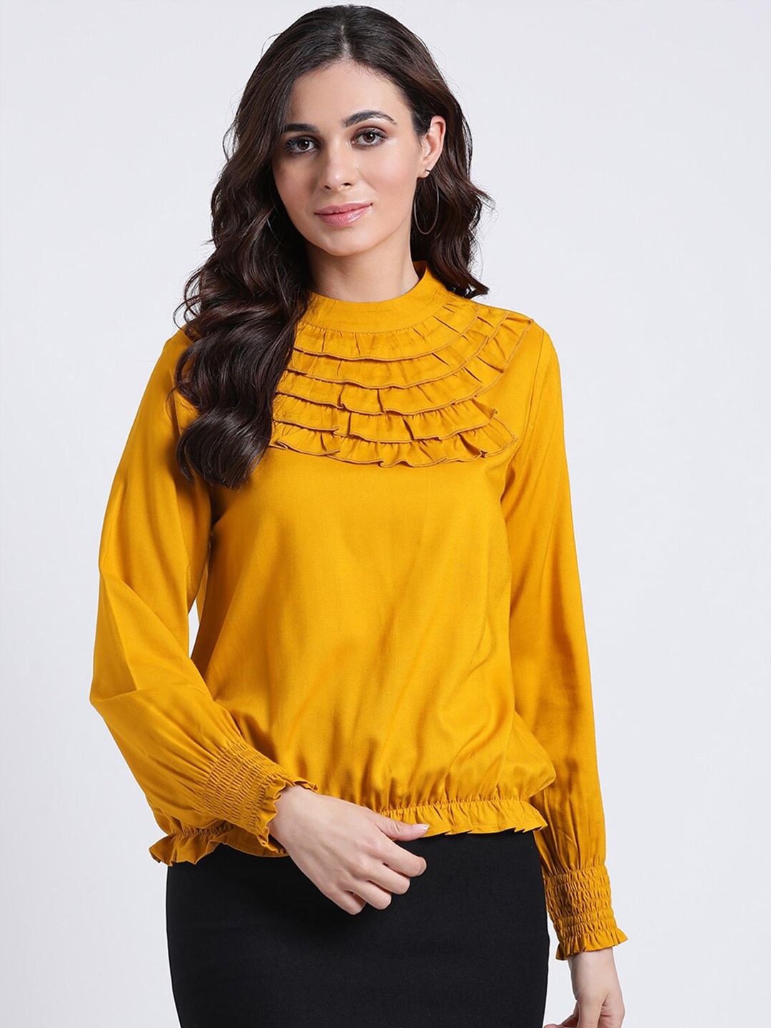 

DressBerry Round Neck Smocked Ruffles Cotton Blouson Top, Mustard