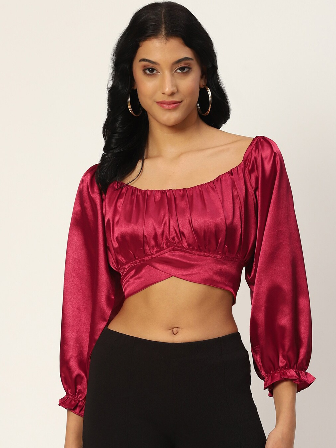 

DressBerry Round Neck Waist Tie Ups Satin Crop Top, Red