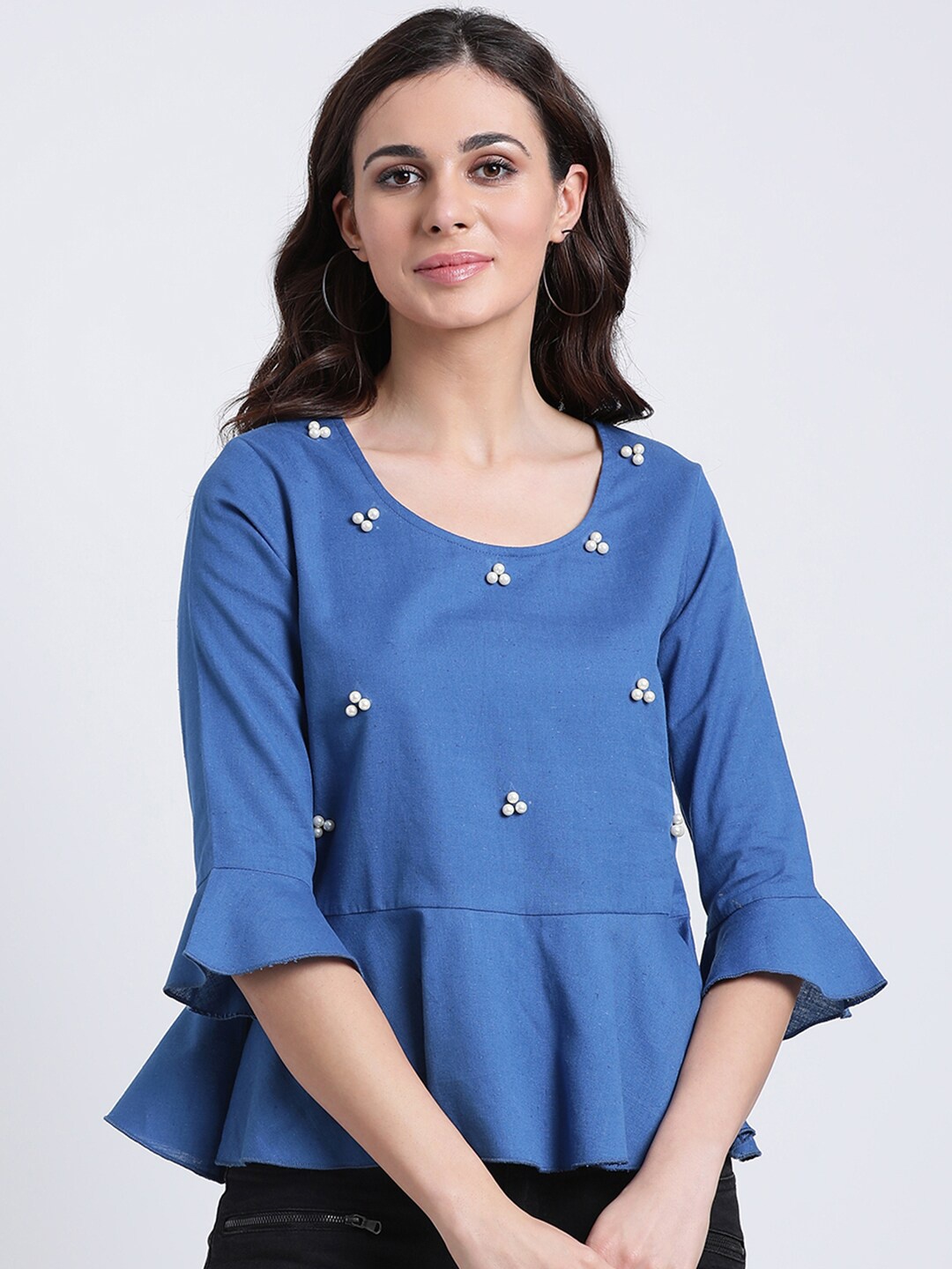 

DressBerry Embellished Bell Sleeves Cotton Peplum Top, Blue