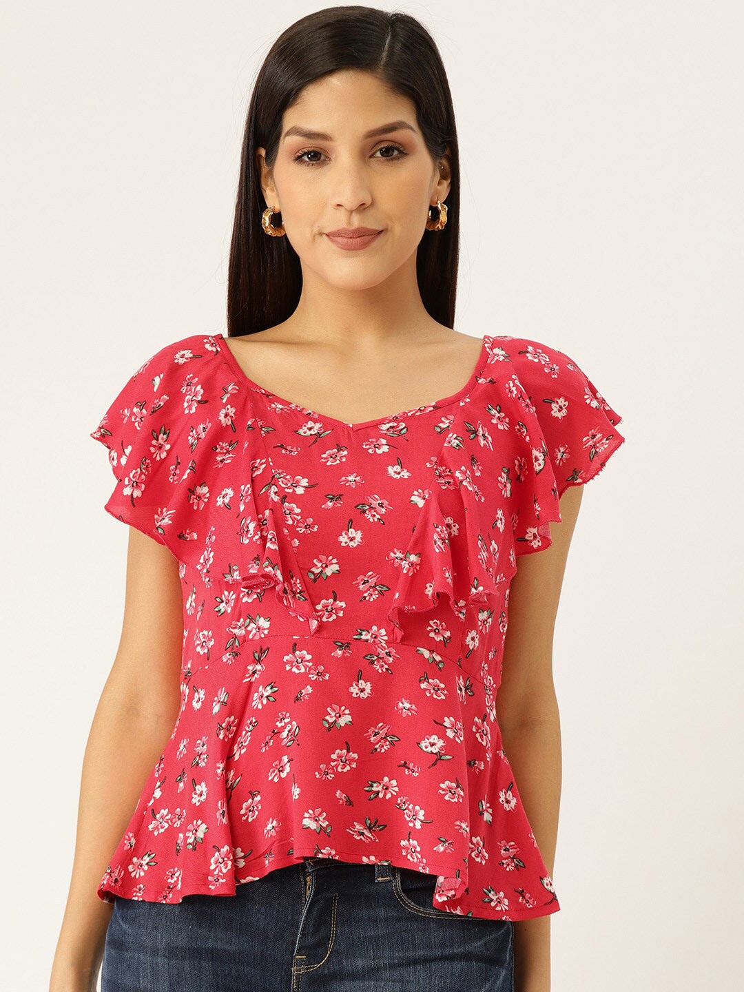 

DressBerry Flared Sleeves Floral Print Peplum Top, Red