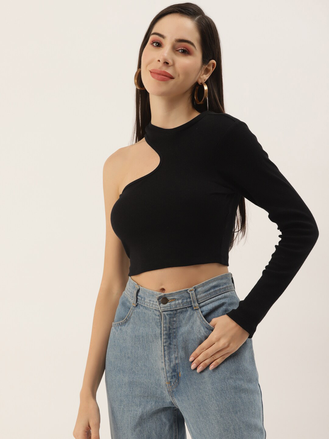 

DressBerry One Shoulder Cut Out Fitted Cotton Crop Top, Black