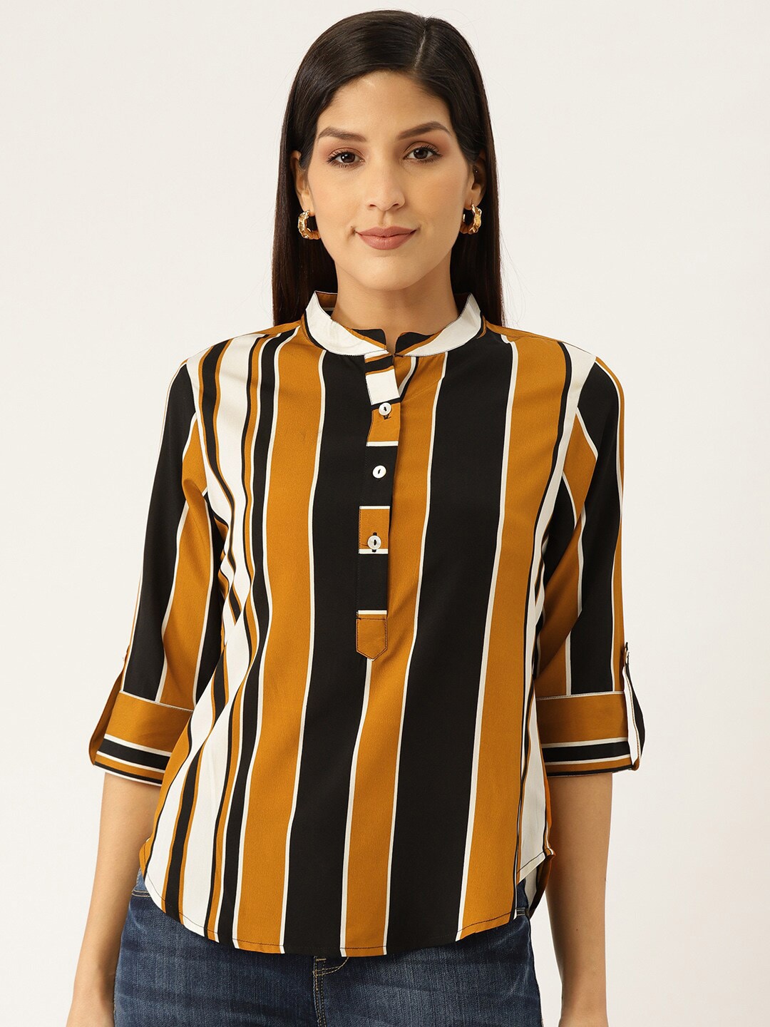 

DressBerry Stripes Mandarin Collar Regular Top, Mustard