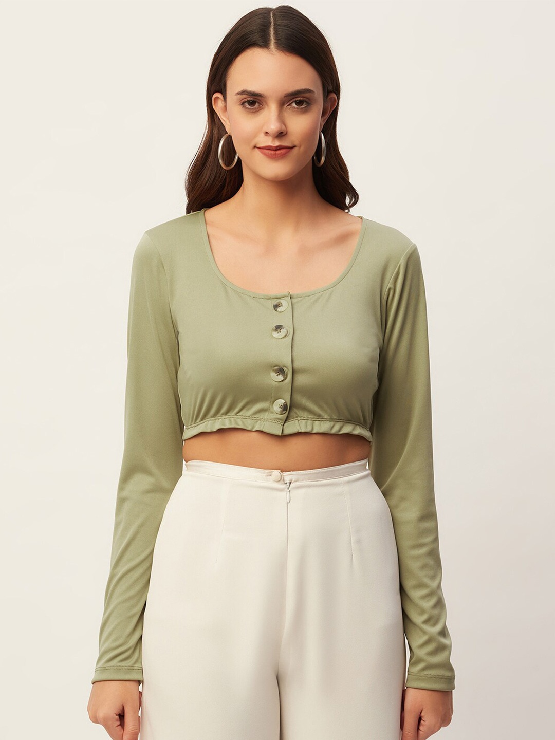 

DressBerry Round Neck Front Button Crop Top, Olive