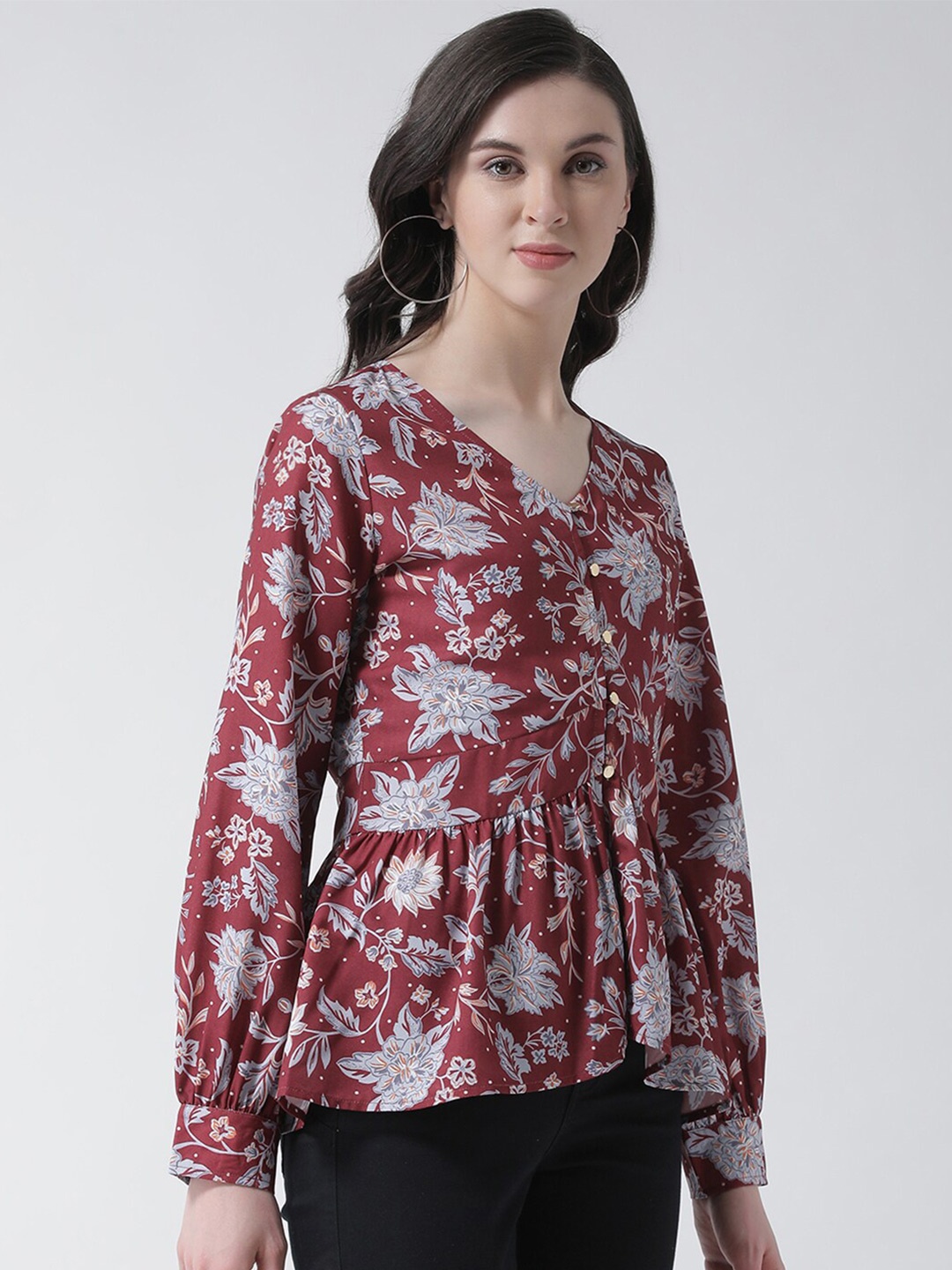 

DressBerry Floral Printed Peplum Top, Maroon