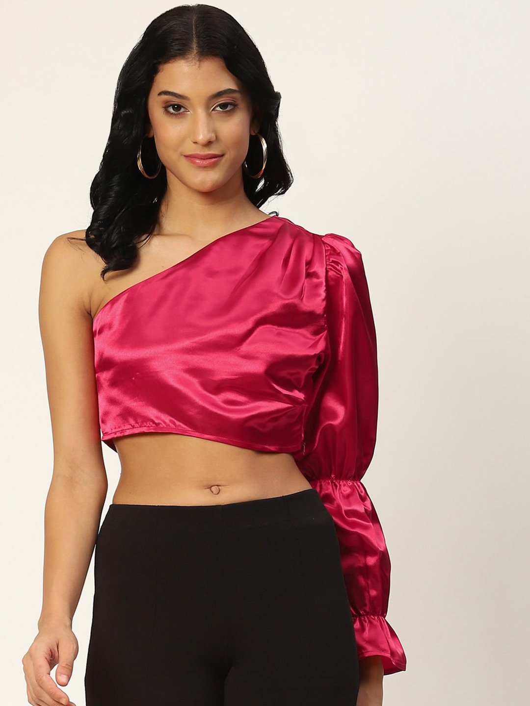 

DressBerry One Shoulder Satin Crop Top, Fuchsia