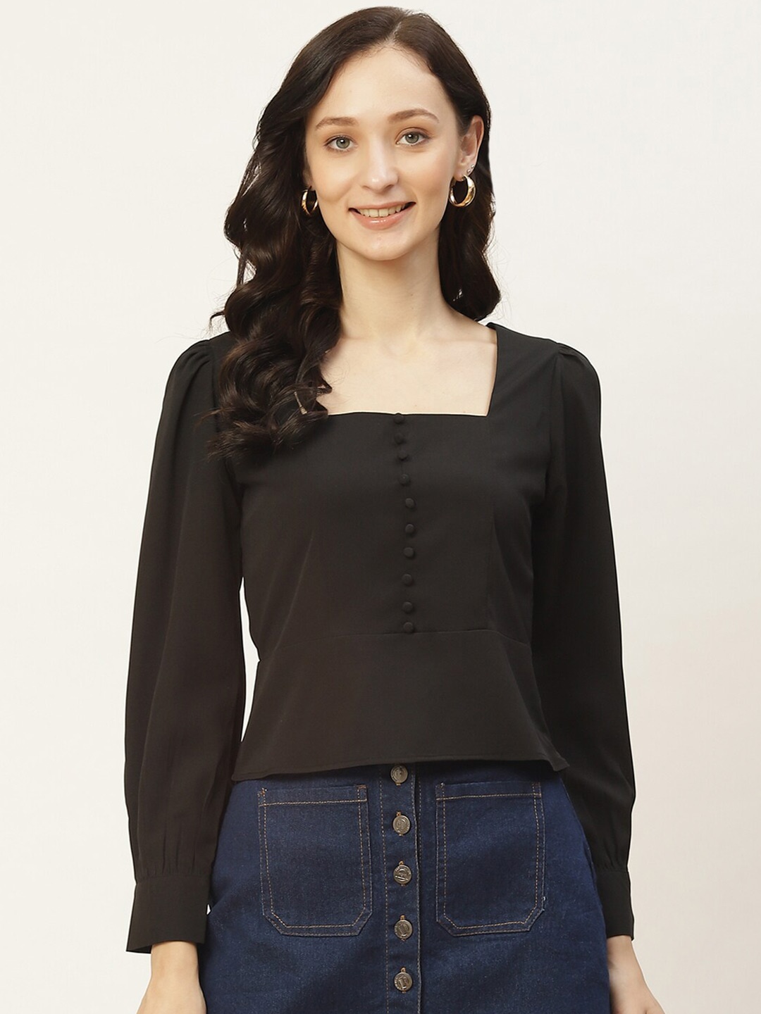 

DressBerry Squared Neck Cuffed Sleeves Crepe Top, Black