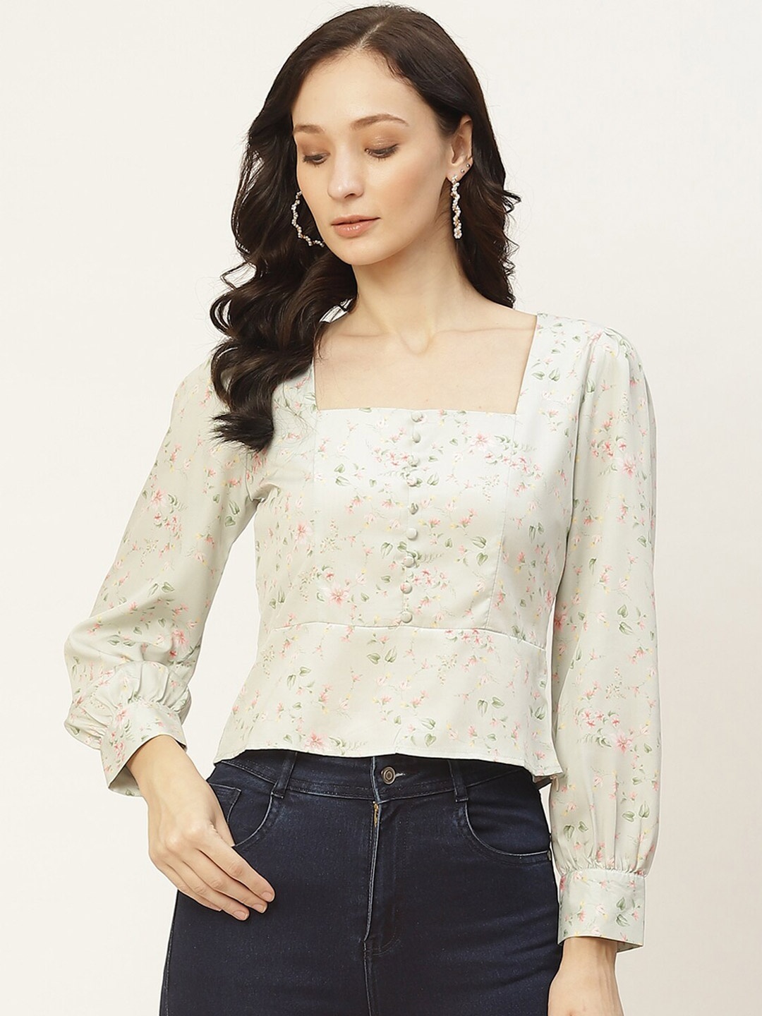 

DressBerry Floral Printed Cuffed Sleeves Top, Green